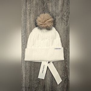 Calvin Klein Cream Knit Beanie with Pom Pom-*NWT*